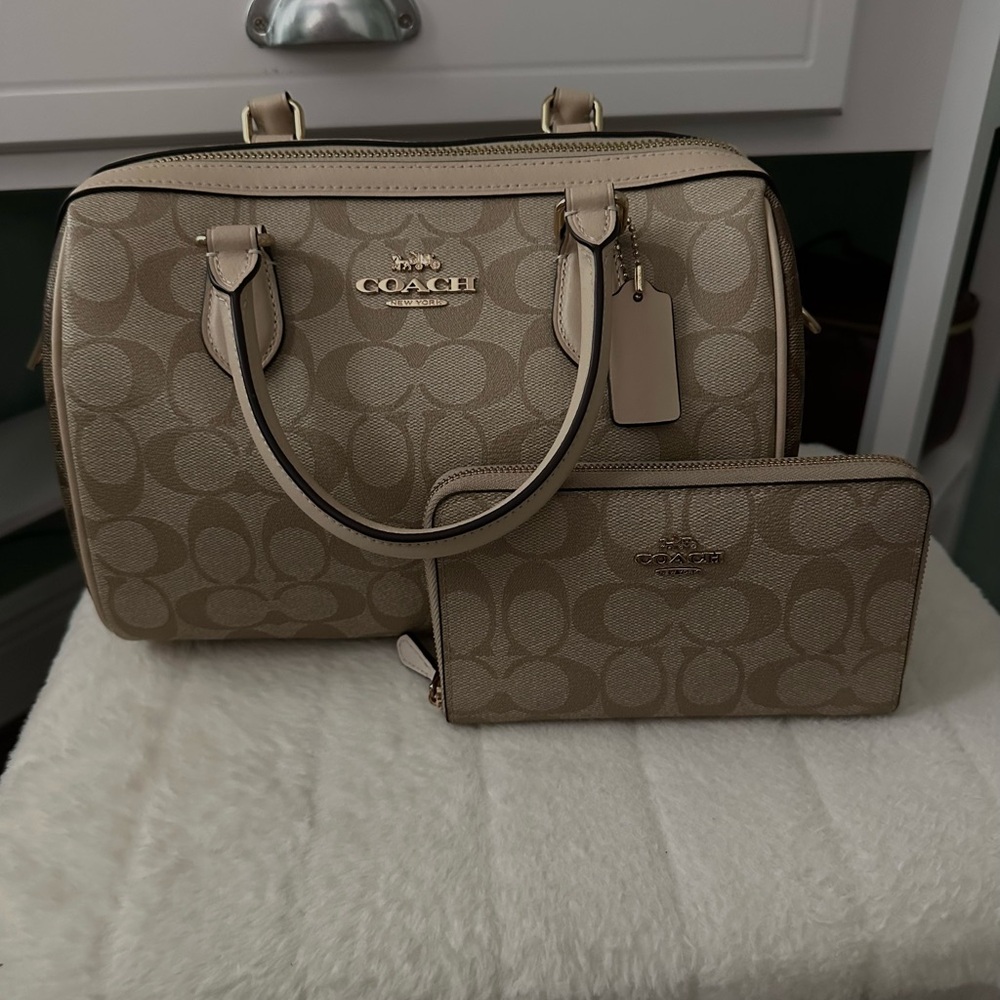 Coach Beige Signature Satchel and Wallet Set